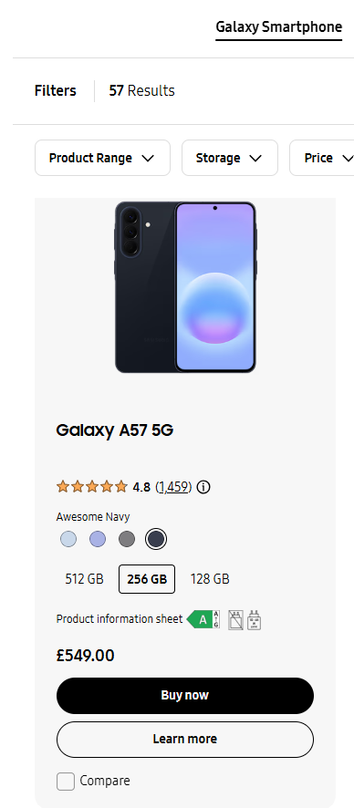 Galaxy A57 on the Samsung page