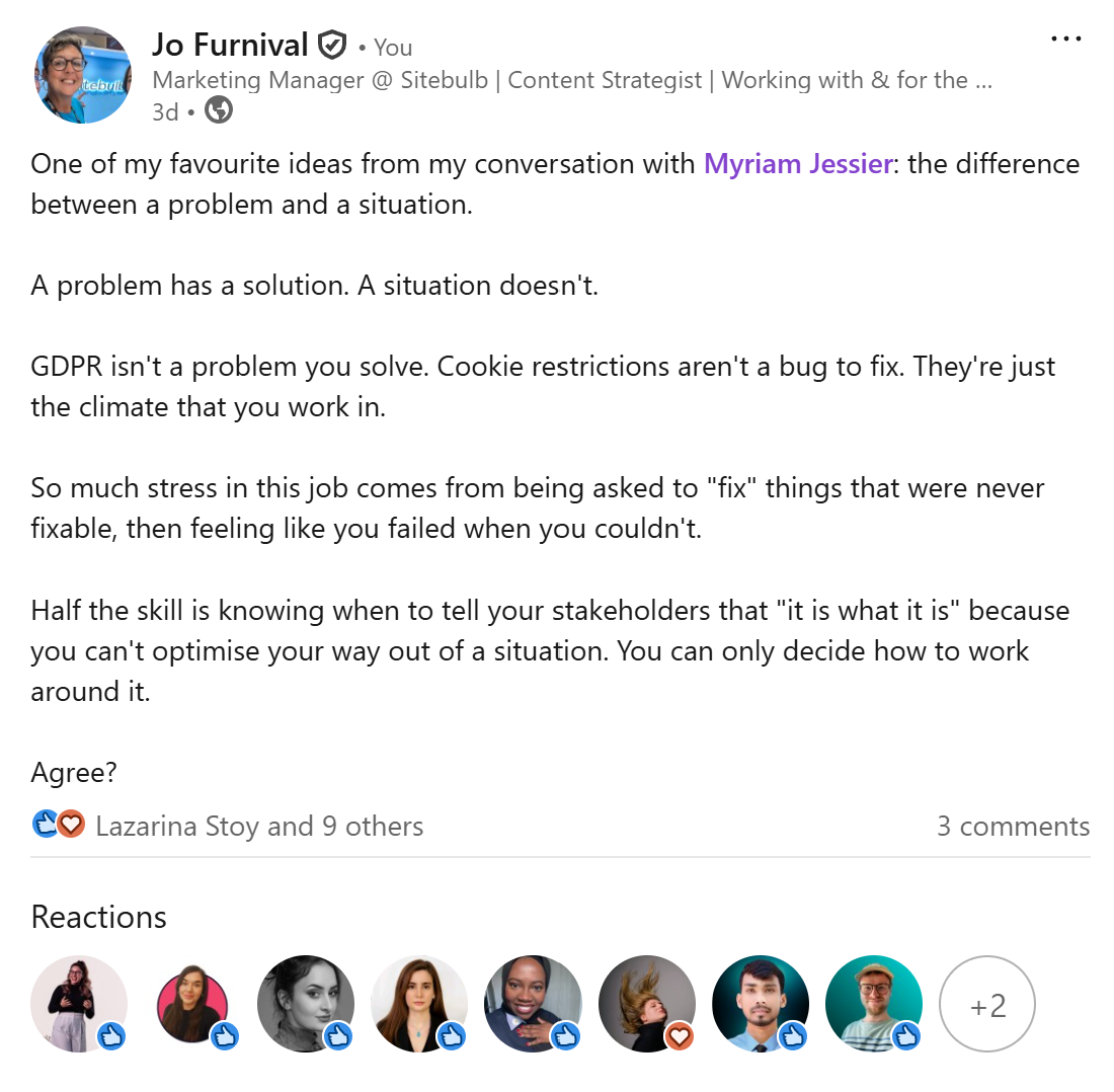 Jo Furnival LinkedIn post about the difference between a problem vs a situation