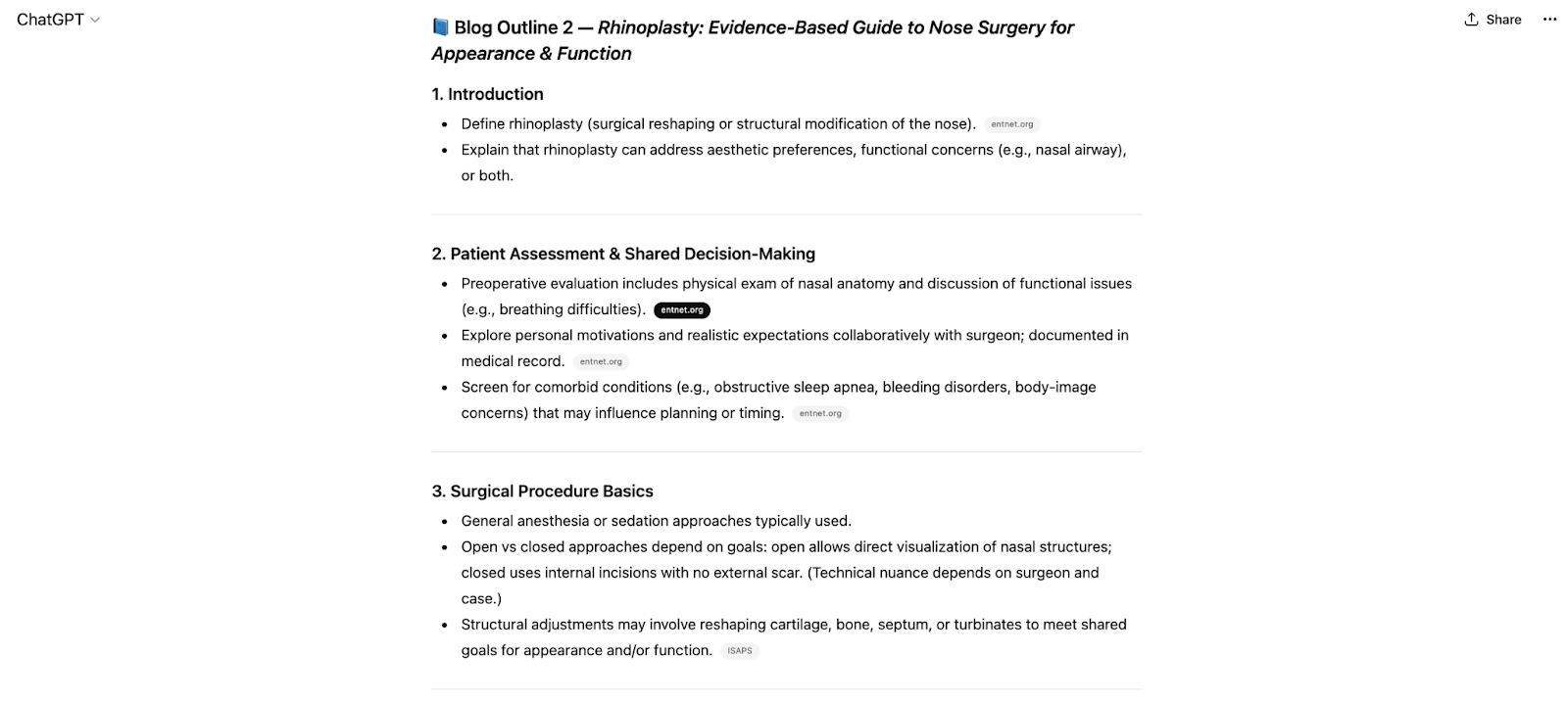 Chat GPT screenshot showing an evidence-based blog outline for a cosmetic surgery procedure