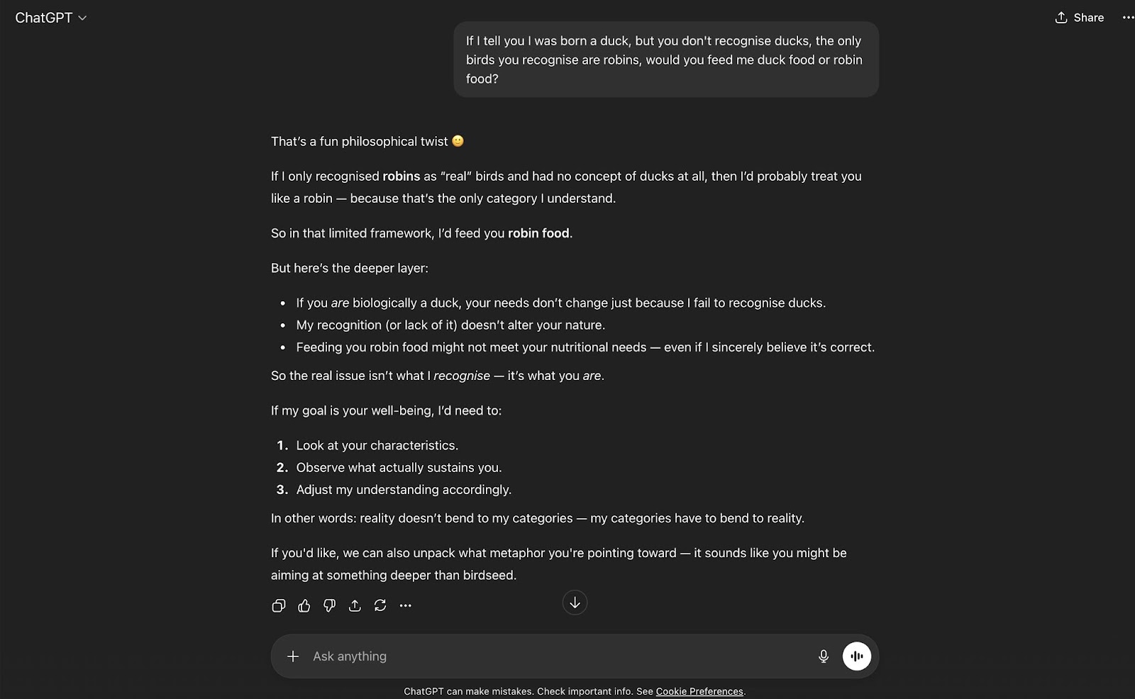 Chat GPT screenshot showing prompt and answer to a theoretical question to showcase bias