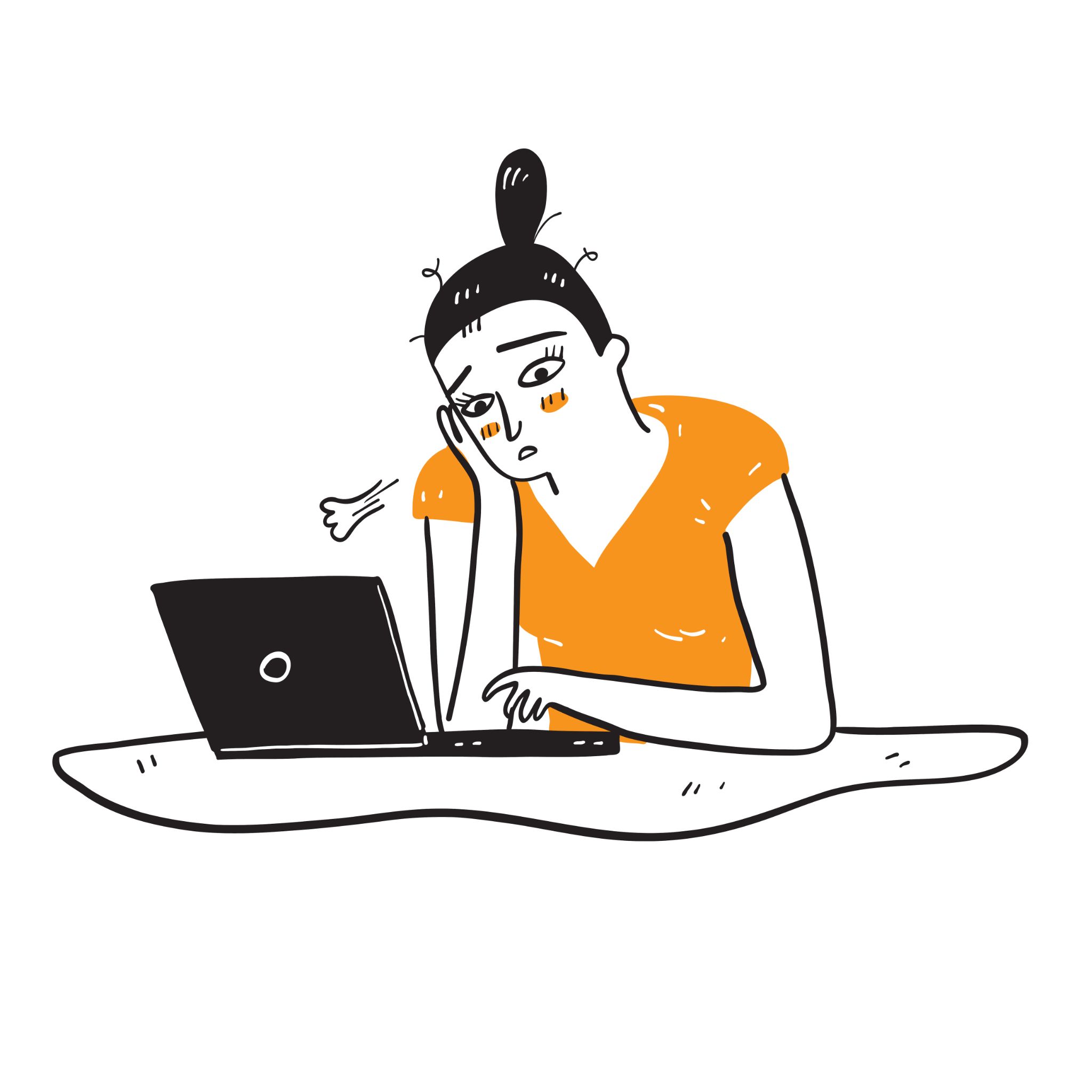 Illustration of a stressed-out SEO looking at a laptop while troubleshooting a website