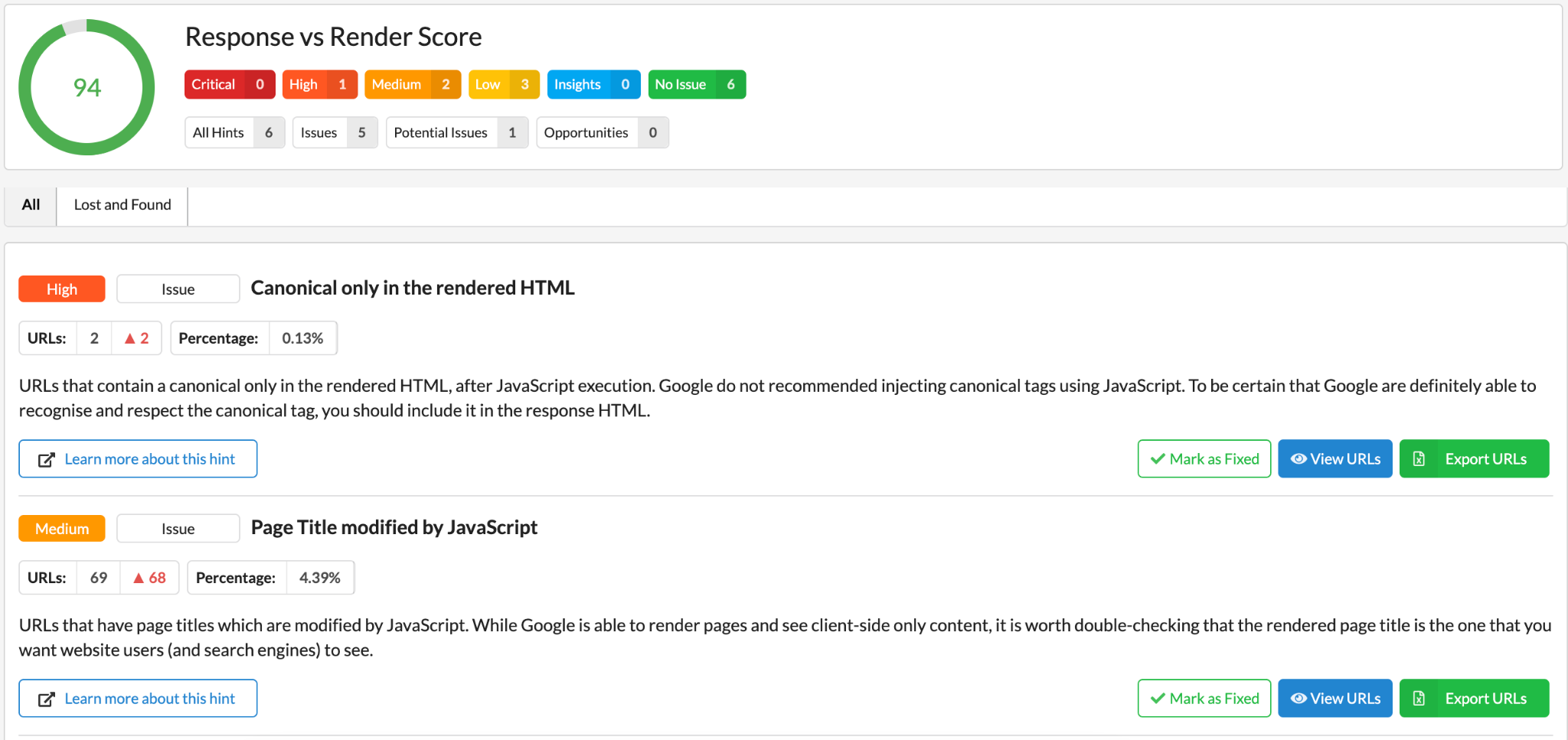 Response vs Render Score overview sample from Sitebulb